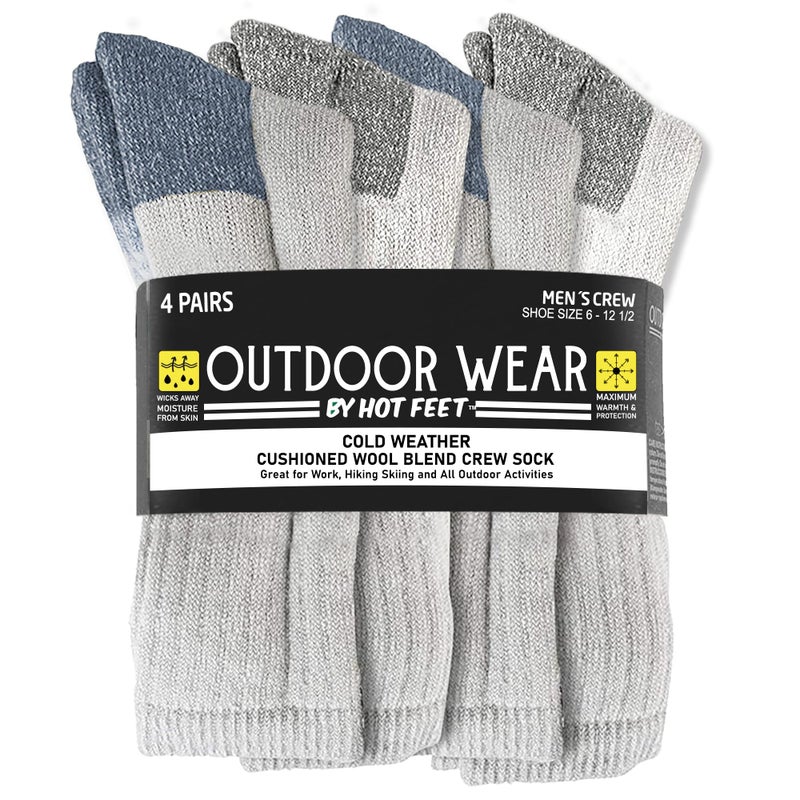 HOT FEET 4 Pack Work Socks for Men & Women - Breathable Boot Hiking Socks, Moisture Wicking Thick Wool Socks, Sizes 6-12.5, Man, Gray & Blue - Image 1